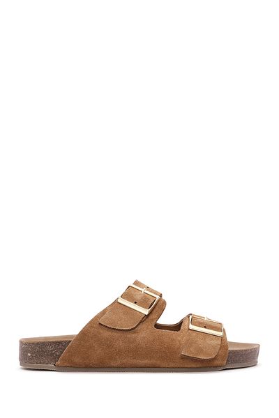 Derimod Women's Tan Double Buckle Suede Leather Slippers 25Sfd 150210