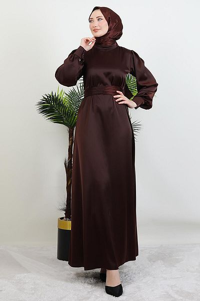 giz astore Belted Satin Dress Bitter Brown