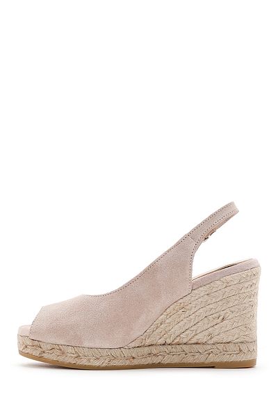 Derimod Women's Beige Back Tie Wedge Heeled Suede Leather Espadrille 25Sfd 151010