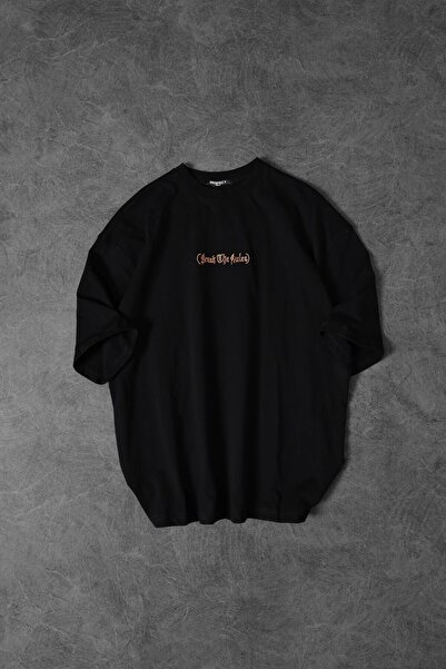 Slatra Men's Black Break the Rules Embossed Printed Embroidered Oversize Tshirt
