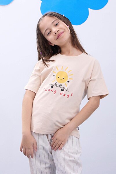 Perendi Unisex Παιδικό Tshirt Σετ 2 τεμαχίων - Κοντό μανίκι, εμπριμέ, μπεζ-λευκό