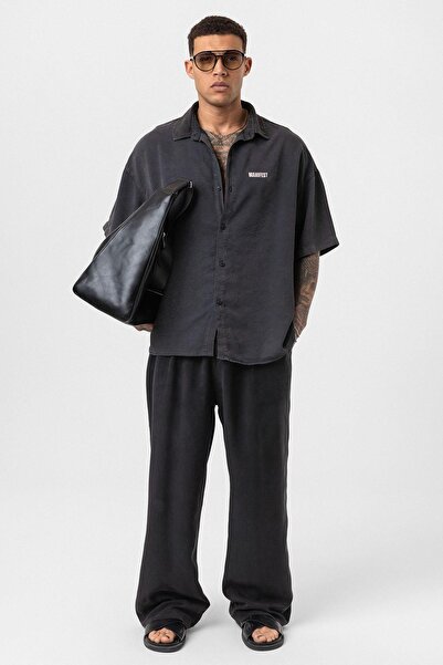 VAMOSCLO قميص أسود مطبوع كبير الحجم بأكمام قابلة للغسل