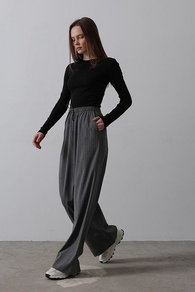 Le Savu Shilsee Women's Elastic Waist Tie Striped Gray Loose Leg Trousers