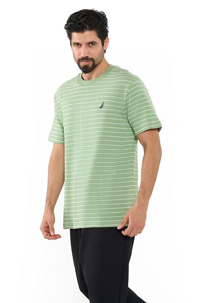 Nautica Men's Green Striped Round Neck T-Shirt - Soft Cotton Knit For Trendy, Comfortable Everyday Look