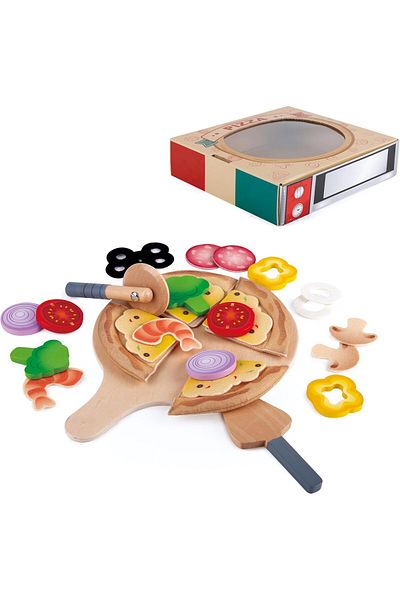 COOYA 29 PCS Pizza Wooden Playset for Kids Kitchen, 2-IN-1 Pizza Oven & Delivery Box