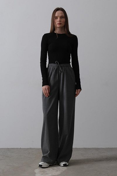 Le Savu Shilsee Women's Elastic Waist Tie Striped Gray Loose Leg Trousers