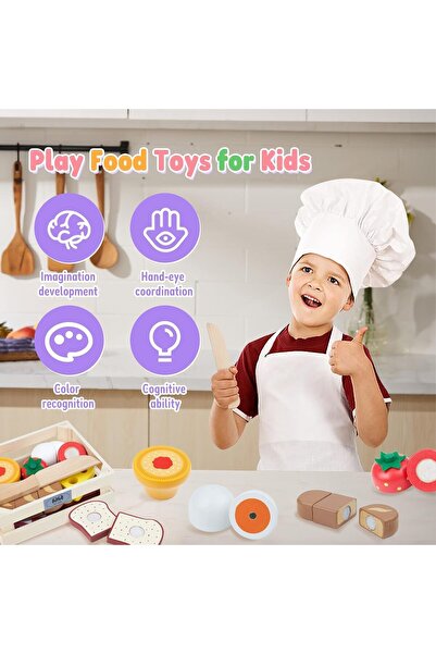 AZONEE 8-piece Wooden Play Food Set for Kids - Pretend Play with Wooden Tray