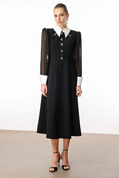 Moda İlgi Modailgi  Önlük Yaka Kolları Şifon Kloş Elbise Siyah