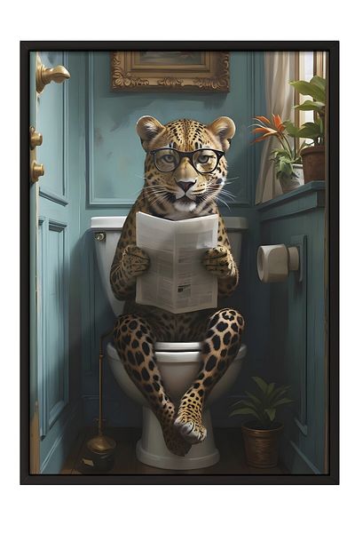 Postifull Pictură cu cadru negru, Leopard în toaletă, Pictură de perete pentru bucătărie din seria Comfort, NR:108926