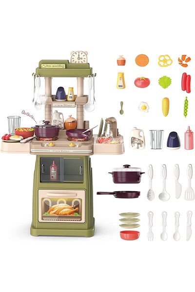 COOYA 30PCS Kids Kitchen Toy Set, with Light & Sound, with Steam Cooker Hood, Sink, Cooking Toy