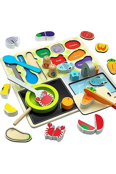 COOYA Wooden Kitchen Play Set, Cooking, Chopping, Stir-Frying and Food Shape Matching, Fun & Educational