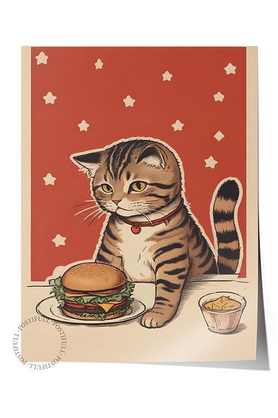 Postifull Unframed Poster, Cat with a Burger, Comfort Series Kitchen Wall Poster, No:109086
