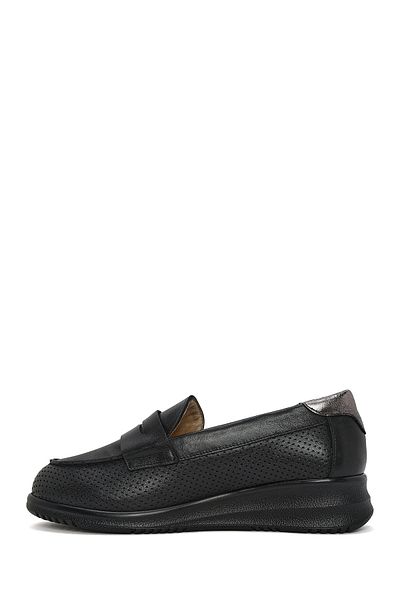 Derimod Women's Black Wedge Heeled Leather Comfort Loafer 25Sfd 411318