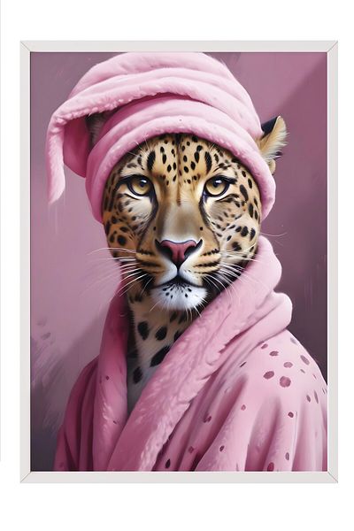Postifull Pictură cu cadru alb, leopard în o halat de baie, pictură de perete pentru bucătărie din seria Comfort, NR:108927
