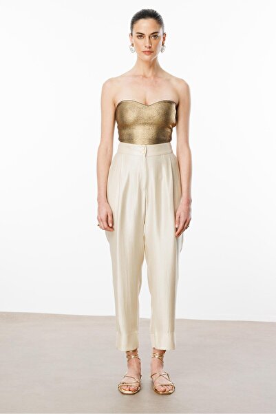 Moda İlgi Modailgi  Arka Kemeri Lastikli Pile Detaylı Pantolon - 15075 Bej