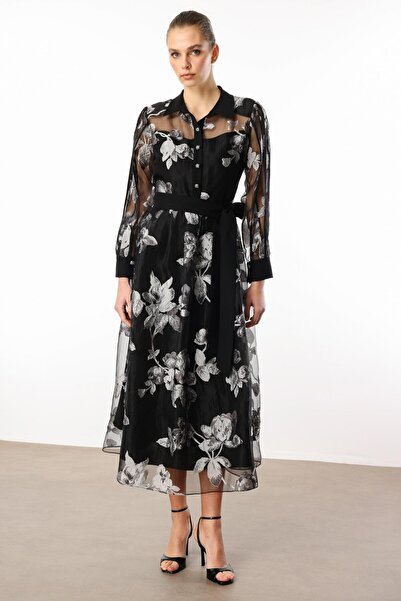 Moda İlgi Modailgi  Belden Kuşaklı Organze Çiçek Desenli Elbise Siyah