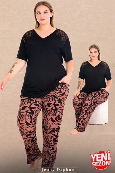 Jenny Daphne Lady Plus Size Print Shoulders Lace V-Neck Short Sleeve Pajamas Set 11017