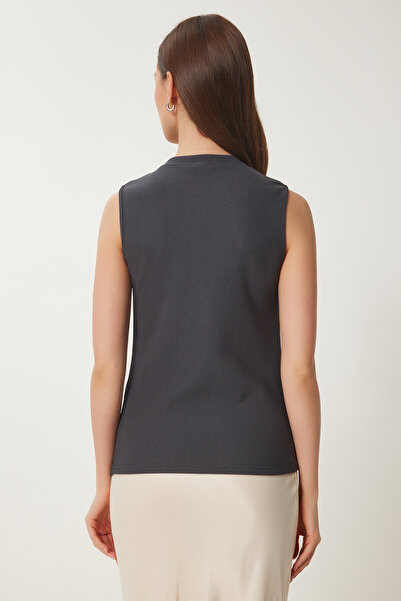 Lovelyİstanbul Gold Buttoned Ribbed Knitted Blouse Anthracite Lzv0007