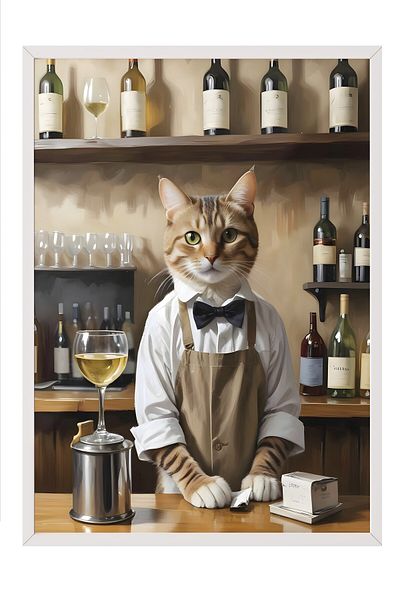 Postifull Pictură cu cadru alb, Barista Cat, Pictură de perete pentru bucătărie din seria Comfort, NR:108928