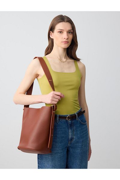Jimmy Key Tan Logo Detailed Leather Bag with Strap