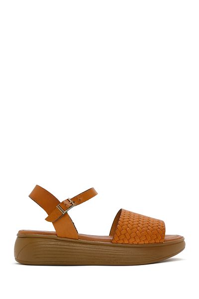 Derimod Women's Tan Ankle Strap Braided Thick Sole Leather Sandals 25Sfd 332626