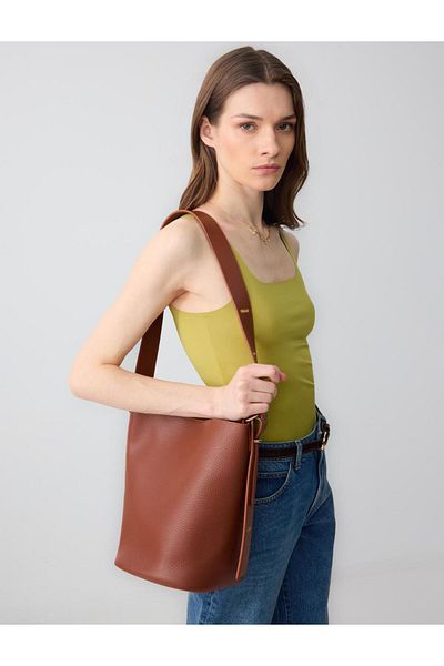 Jimmy Key Tan Logo Detailed Leather Bag with Strap