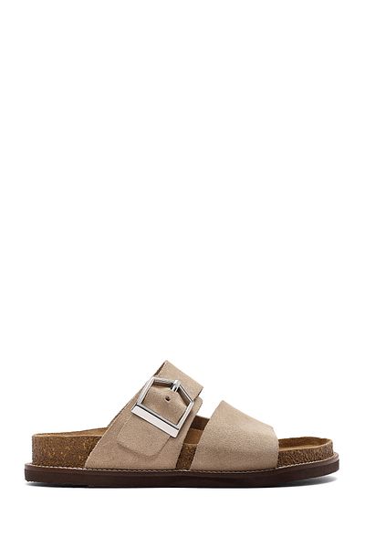 Derimod Women's Beige Buckle Suede Leather Slippers 25Sfd 306010
