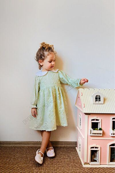 penu baby kids Green Seasonal Flower Figured Long Sleeve Baby Girl Dress