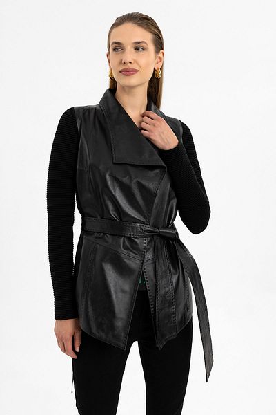 Deriderim Black Zoe Women's Knitted Belted Genuine Leather Coat