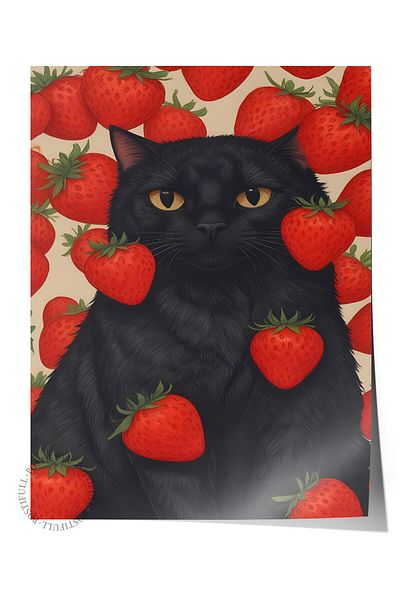 Postifull Unframed Poster, Strawberry Cat, Comfort Series Kitchen Wall Poster, No:109108