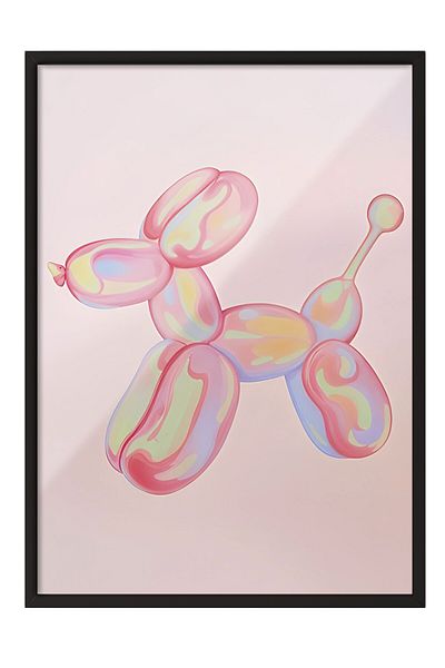 Postifull Pictură cu cadru negru, câine cu balon roz, pictură de perete pentru bucătărie din seria Comfort, NR:108945