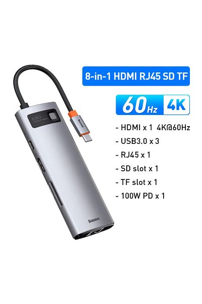 Baseus موزع 8 في 1 من Baseus 4K 60Hz USB C Hub من النوع C إلى منفذ Ethernet PD 100W محول لجهاز Macbook Pro USB 3.0