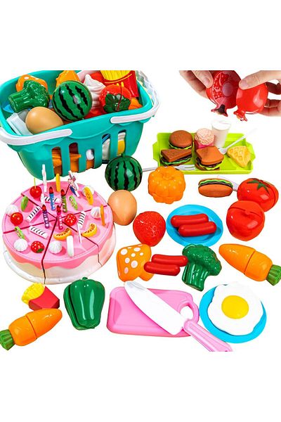 COOYA 68Pcs Kitchen Toys, Cutting Fruits Vegetables Cake Fake Food Assortment Toy, for Boys Girls
