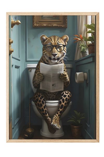 Postifull Πίνακας με ξύλινο πλαίσιο, Leopard in Toilet, Ξύλινος πίνακας κουζίνας Comfort Series, NO:108926