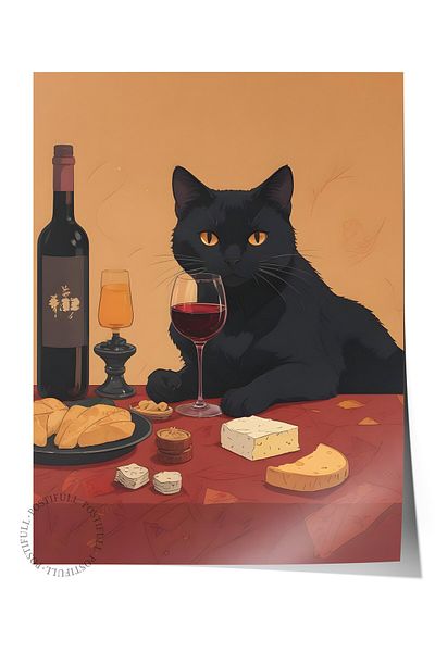 Postifull Unframed Poster, Wine & Cat, Comfort Series Kitchen Wall Poster, No:109060