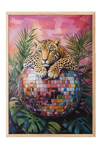 Postifull Ζωγραφική με ξύλινο πλαίσιο, Leopard on Disco Ball, Ξύλινη ζωγραφική κουζίνας Comfort Series, NO:108942