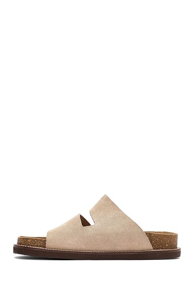 Derimod Women's Beige Buckle Suede Leather Slippers 25Sfd 306010