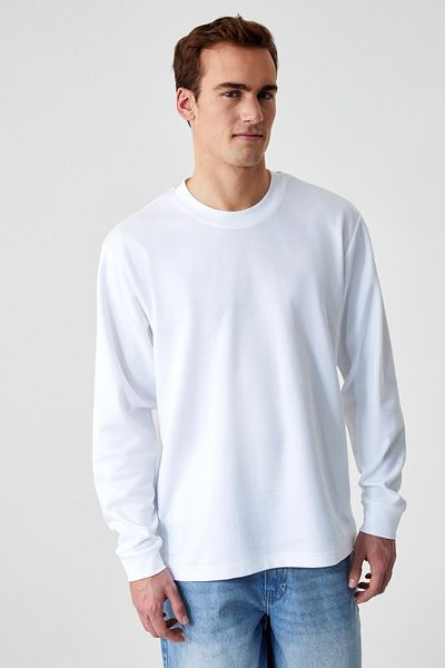 GRIMELANGE Boone Men's Regular Crew Neck Long Sleeve White T-Shirt