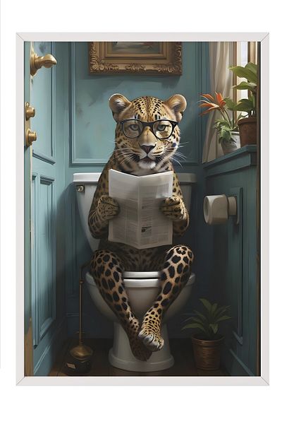 Postifull Pictură cu cadru alb, Leopard în toaletă, Pictură de perete pentru bucătărie din seria Comfort, NR:108926