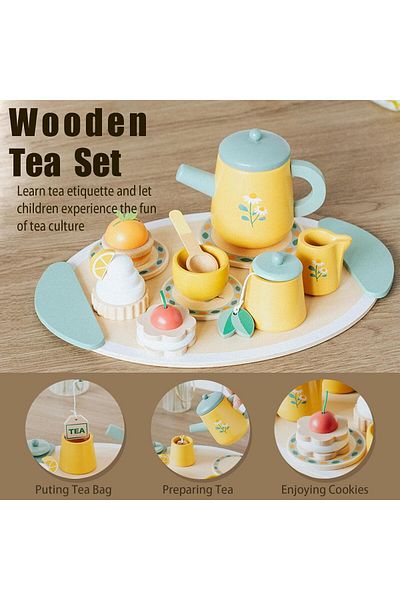 COOYA Wooden Tea Party Set for Kids, Non-Toxic Recyclable for Girls and Toddlers Aged 3-5