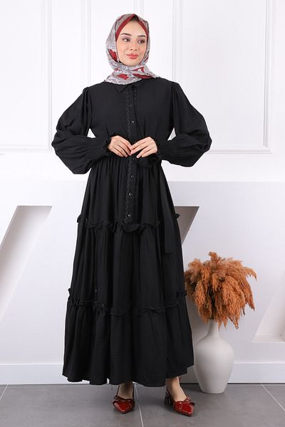 İmajButik Μαύρο φόρεμα με κέντημα με ζώνη στη μέση
