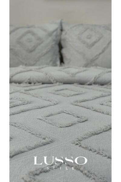 LUSSO Iskandinav Çift Kişilik Yatak Örtüsü 250x260 Ve 2 Adet Yastık Gümüş Gri