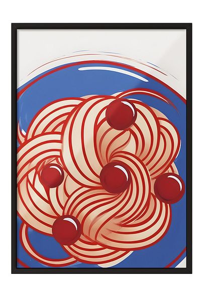 Postifull Black Framed Painting, Red Cake, Blue Bowl, Comfort Series Kitchen Wall Painting, No:109098