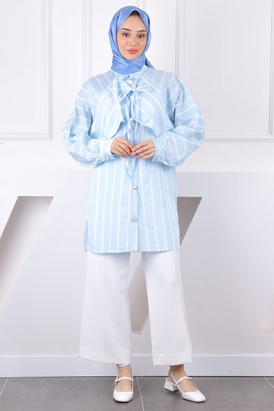 İmajButik Baby Blue ριγέ πουκάμισο με λεπτομέρεια γιακά