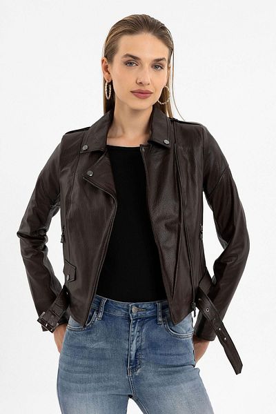 Deriderim Jelia Brown Fermoar Short Biker Femei Paltoane din piele naturală