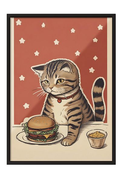 Postifull Black Framed Painting, Cat with a Burger, Comfort Series Kitchen Wall Painting, No:109086