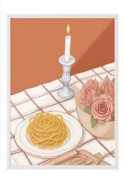 Postifull White Framed Painting, Candlestick with Cake, Comfort Series Kitchen Wall Painting, No:109107