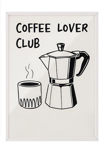 Postifull White Framed Painting, Coffee Lover Club, Comfort Series Kitchen Wall Painting, No: 109115