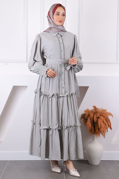 İmajButik Γκρι φόρεμα με κέντημα μπροστά με ζώνη στη μέση