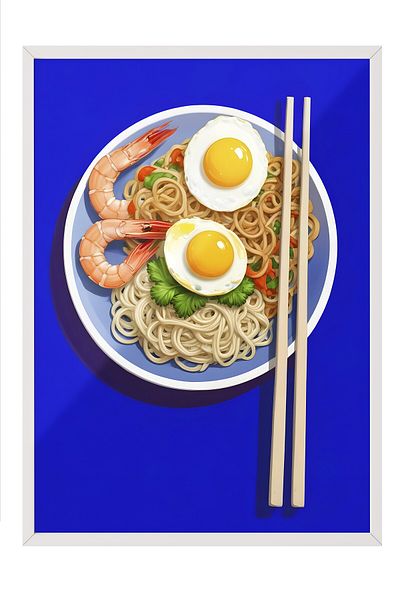 Postifull White Framed Painting, Ramen Bowl, Comfort Series Kitchen Wall Painting, No:109102